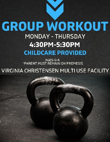 Black flyer for group workout with picture of kettlebell weights, it including schedule, location and details.