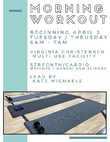 White and teal flyer for morning workout with a picture of workout mats, it including schedule, location and short description of workout.