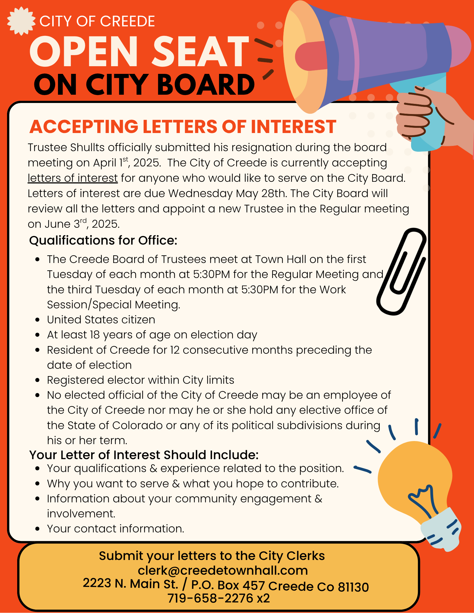 Flyer for open seat on City Board