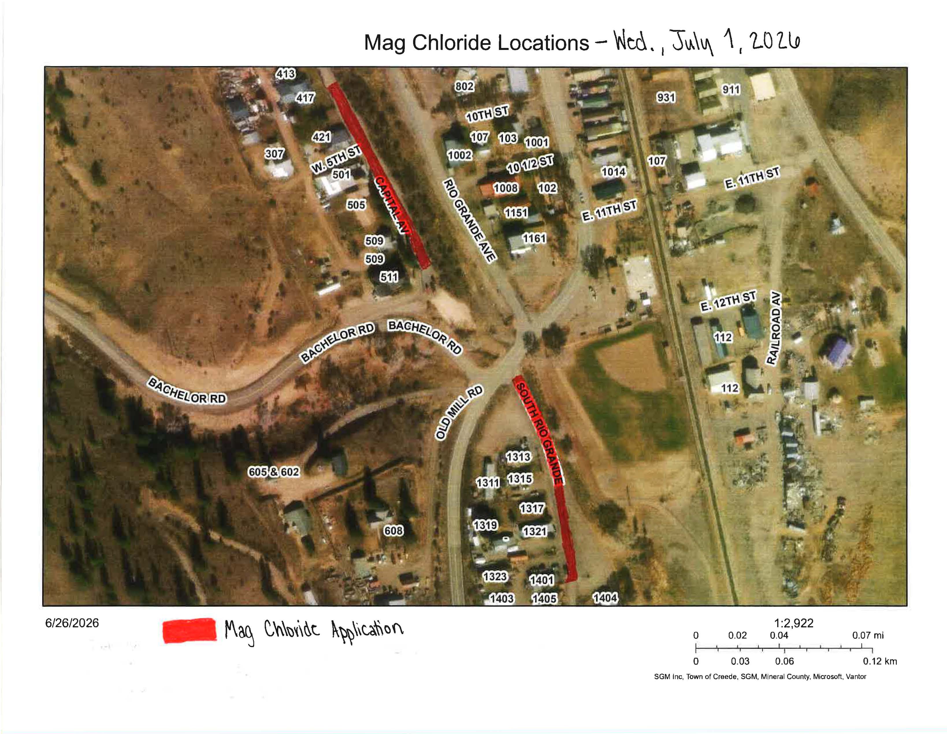 Mag Chloride Application Map taking place on South Rio Grande and Capital Avenue, July 1, 2026