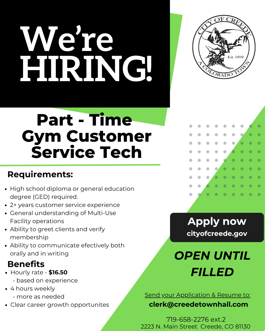 For Hire Poster: Gym Customer Service Tech