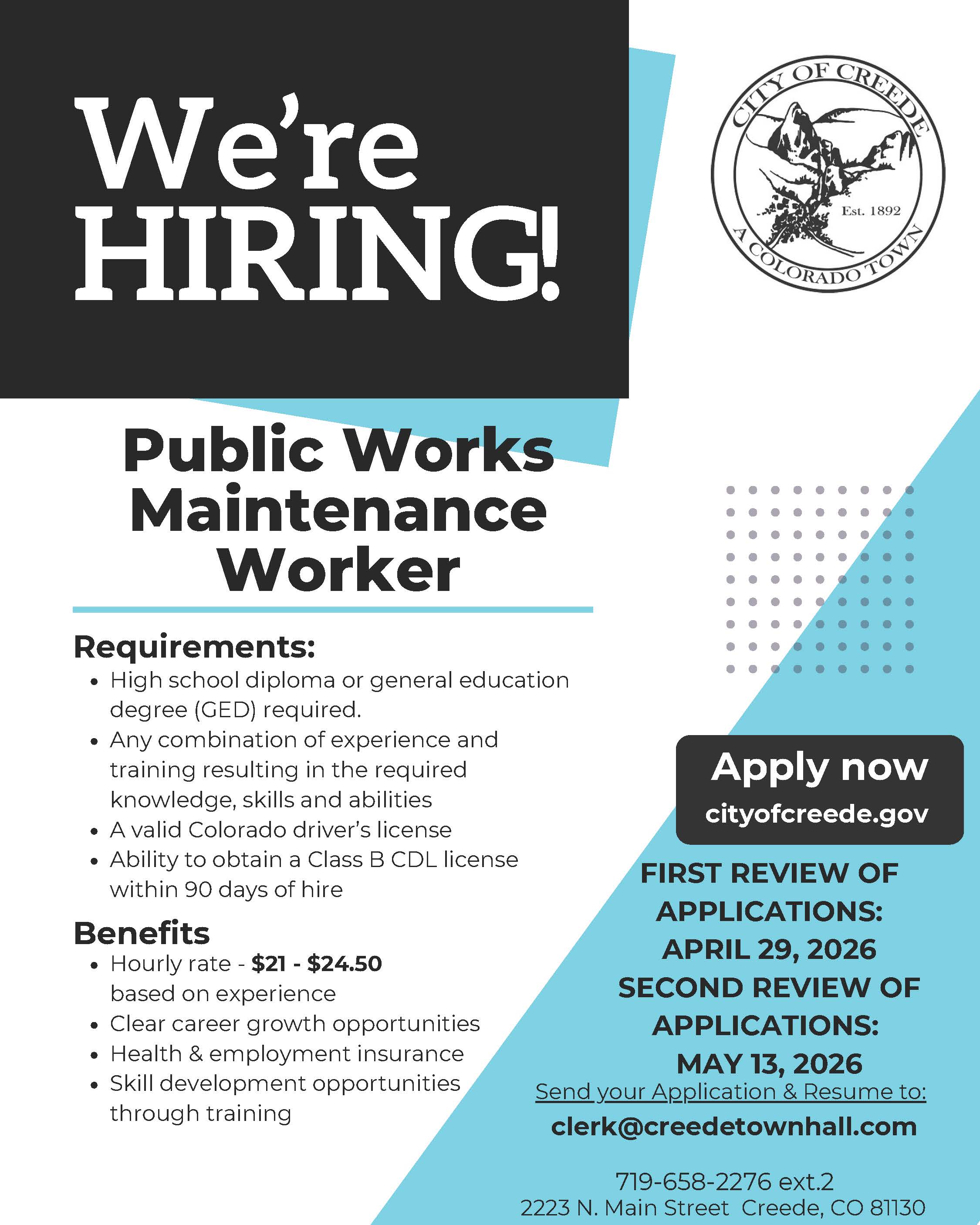 For Hire Poster: Public Works Maintenance Worker