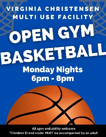 Royal blue flyer for open gym basket ball with a picture of a basketball, it includes a schedule, location and details.