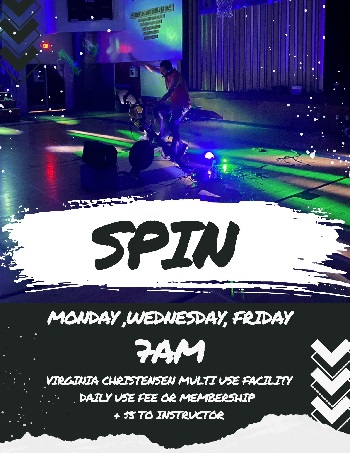 flyer for spin with bicyclist icons, it including schedule, fees and contact.