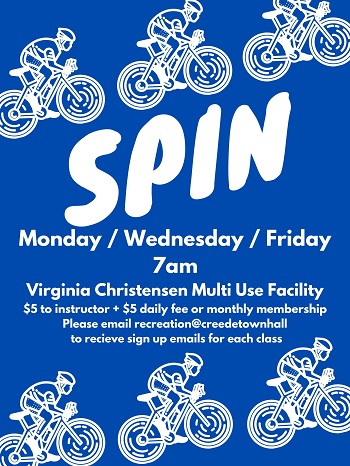 Blue and white flyer for spin with bicyclist icons, it including schedule, fees and contact.