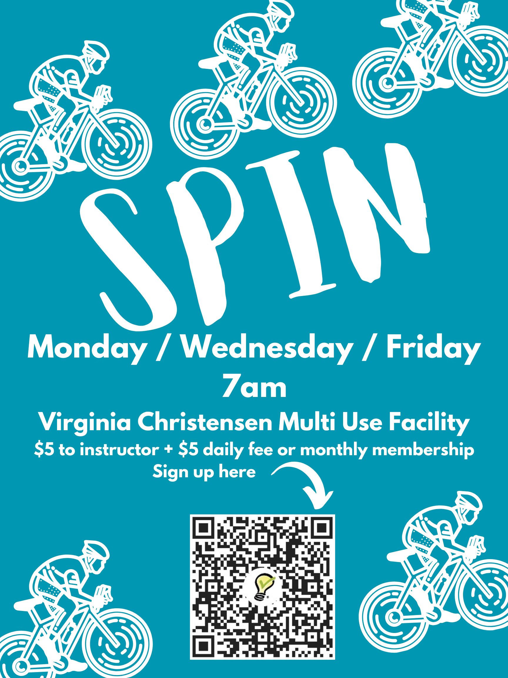 flyer for spin with bicyclist icons, it including schedule, fees and contact.