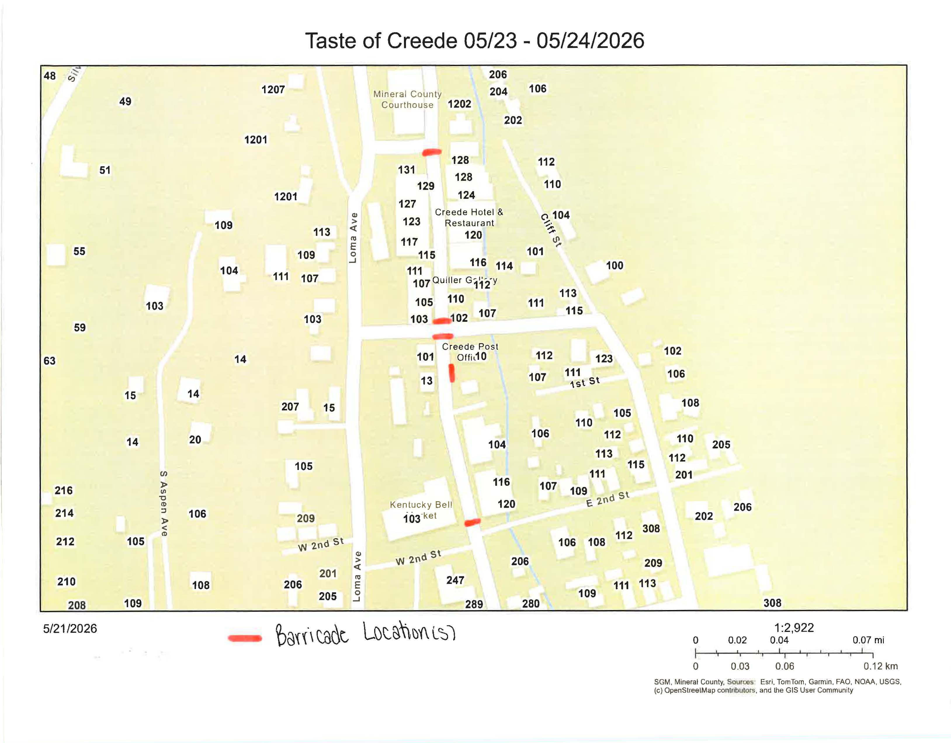 Taste of Creede Event Road Closure/Barricade Map