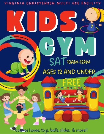 Blue and red flyer for tots gym with pictures of kids playing, it includes schedule, location and details.